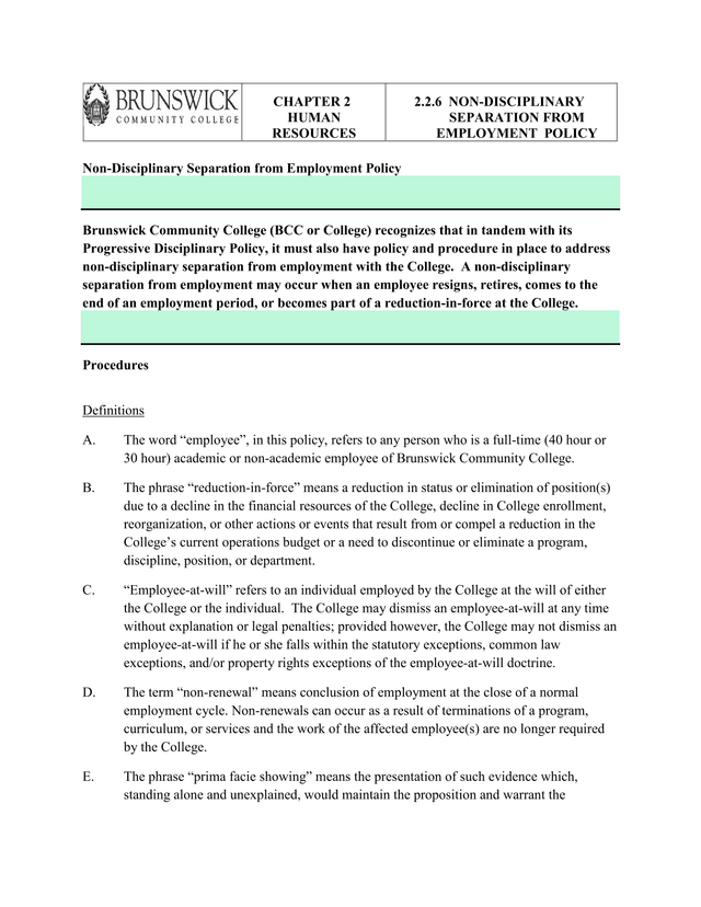 Non Disciplinary Separation From Employment Policy screenshot
