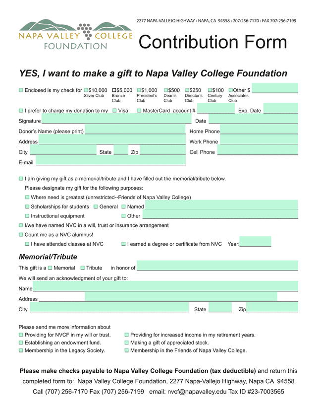 Napa Valley College Foundation Gift Form screenshot