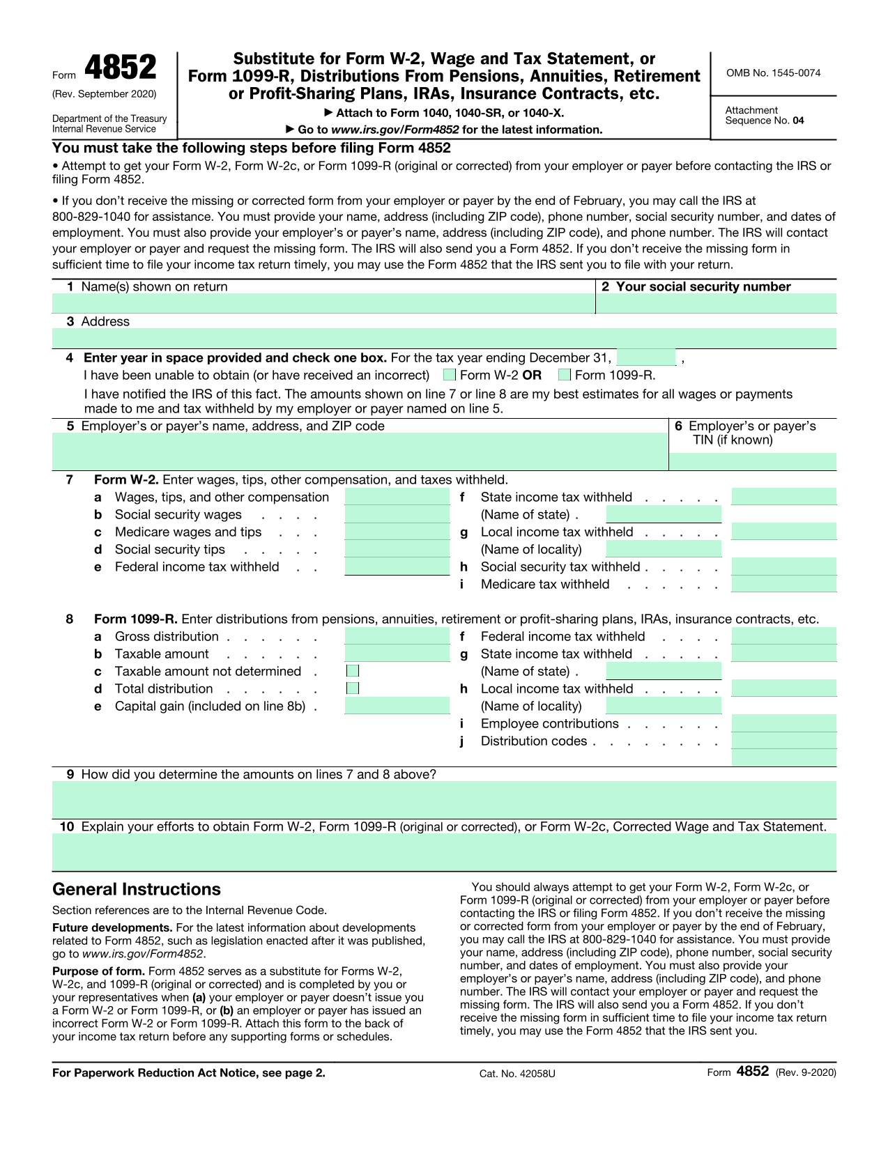 Substitute For Missing Wage  Tax Statement (Form 4852) screenshot