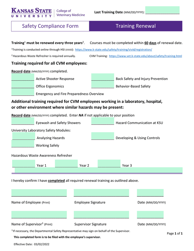 Safety Compliance Form Training Renewal screenshot