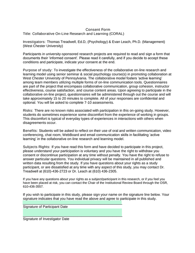 Consent Form Collaborative On Line Research And Learning (CORAL) screenshot