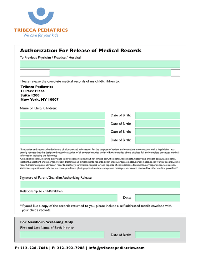 Authorization For Release Of Medical Records screenshot
