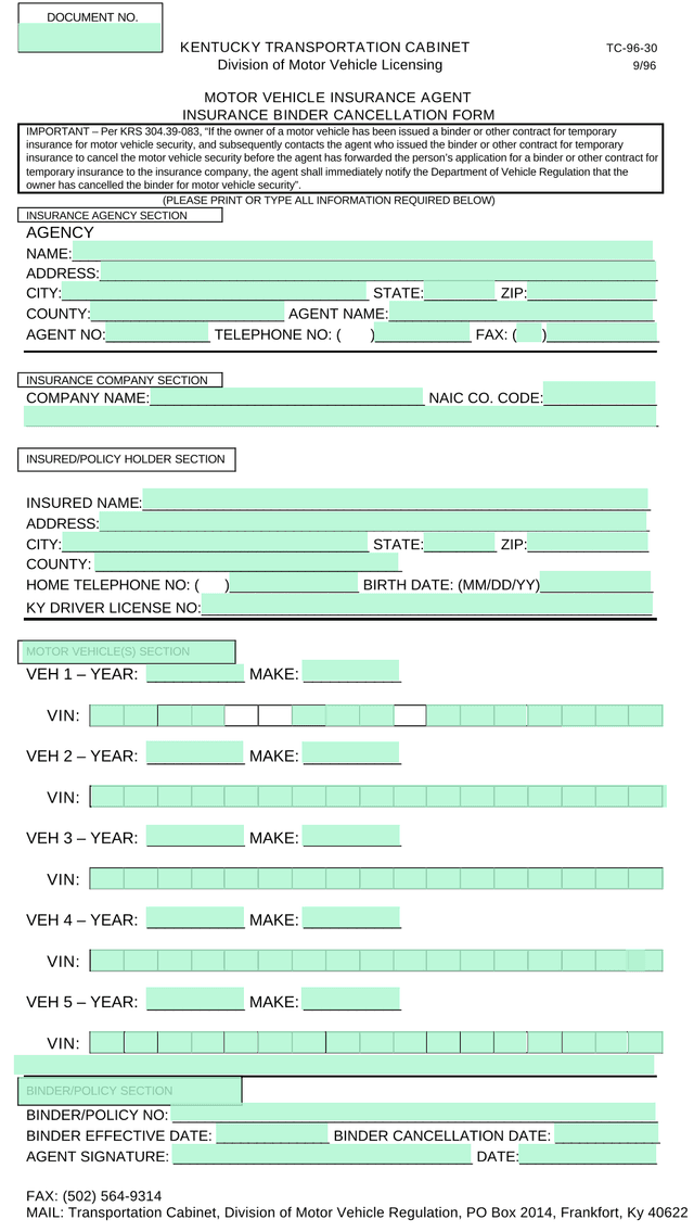 MOTOR VEHICLE INSURANCE AGENT INSURANCE BINDER CANCELLATION FORM screenshot