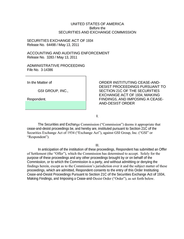 Order Instituting Cease And Desist Proceedings Against GSI Group, Inc. screenshot