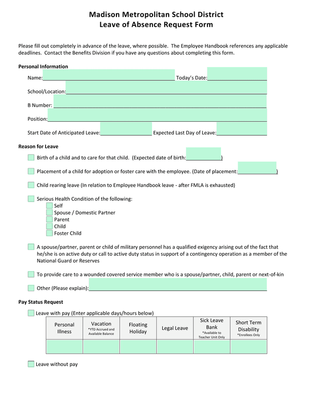 Leave Of Absence Request Form screenshot