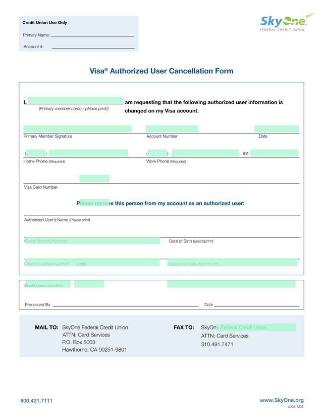 Visa Authorized User Cancellation Form screenshot