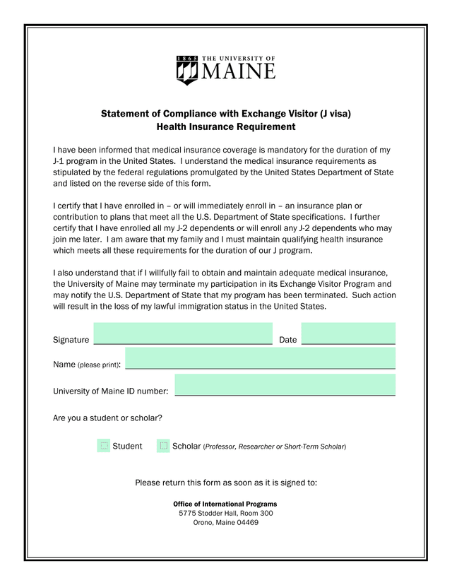 Statement Of Compliance With Exchange Visitor (J Visa) Health Insurance Requirement screenshot
