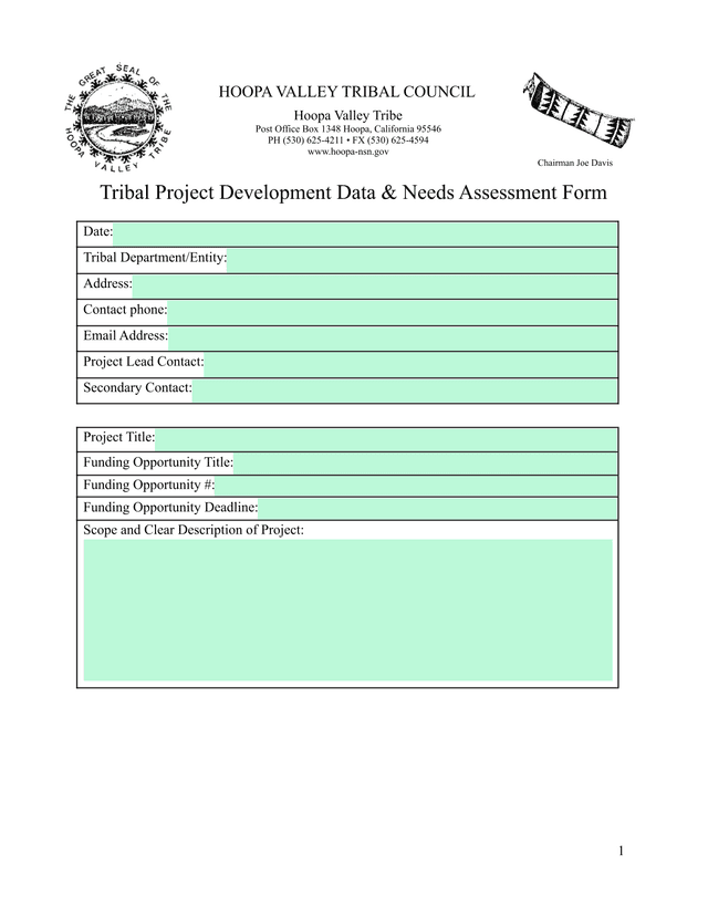 Tribal Project Development Data  Needs Assessment Form screenshot