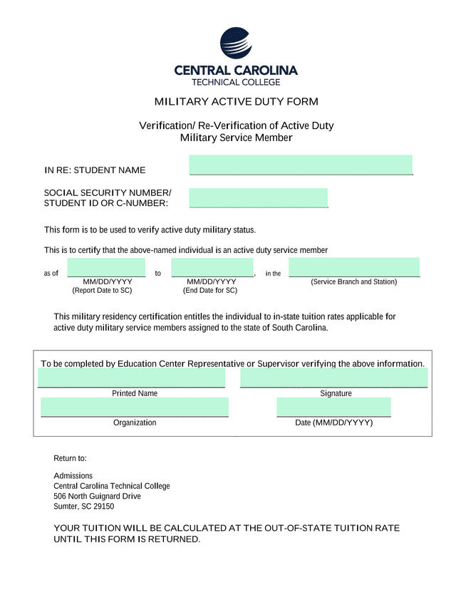 Military Active Duty Form screenshot