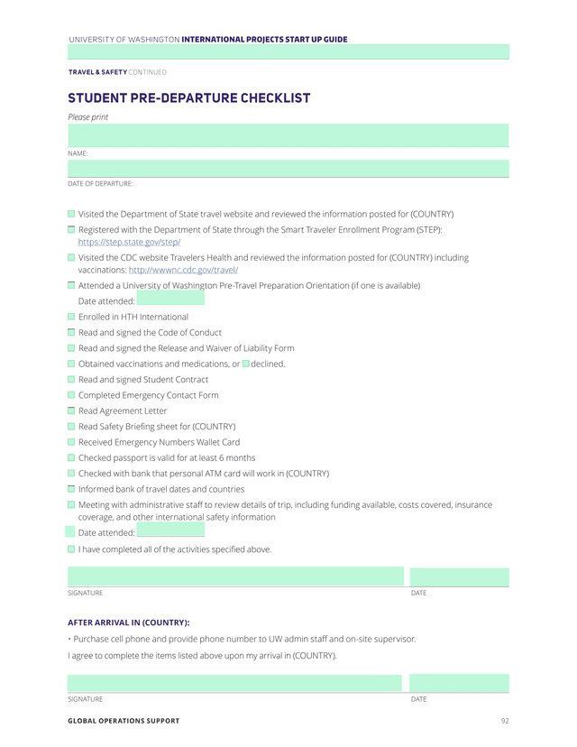 UNIVERSITY OF WASHINGTON INTERNATIONAL PROJECTS START UP GUIDE   STUDENT PRE DEPARTURE CHECKLIST screenshot