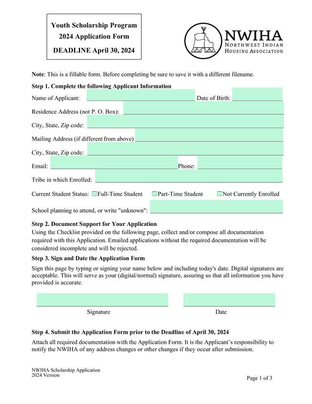 NWIHA Youth Scholarship Application screenshot