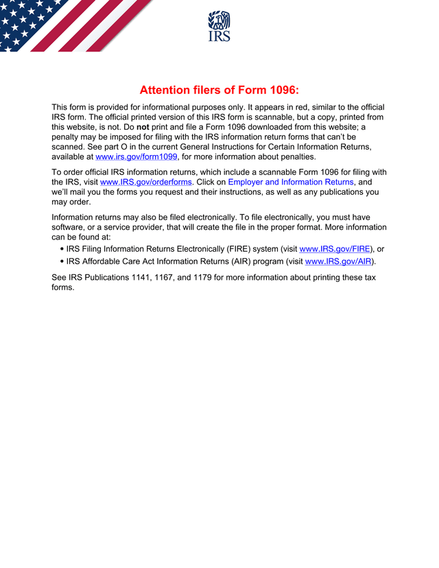 Annual Summary Transmittal Of U.S. Information Returns (Form 1096) screenshot