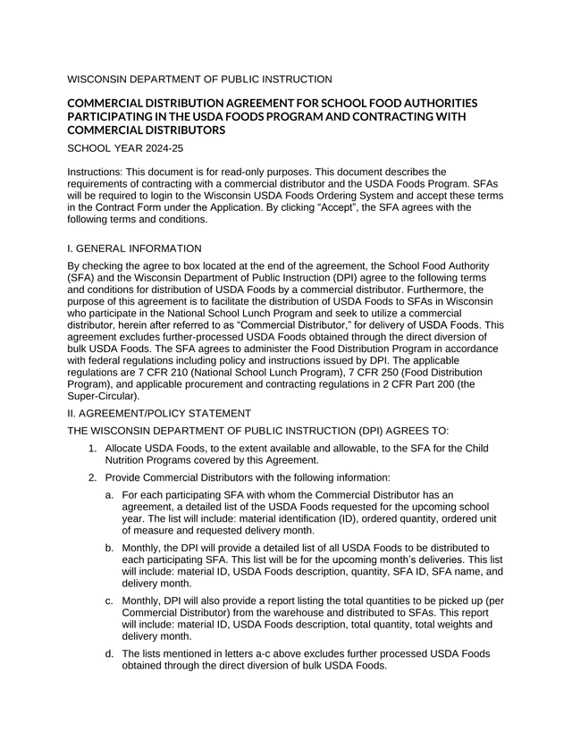 Commercial Distribution Agreement For School Food Authorities screenshot