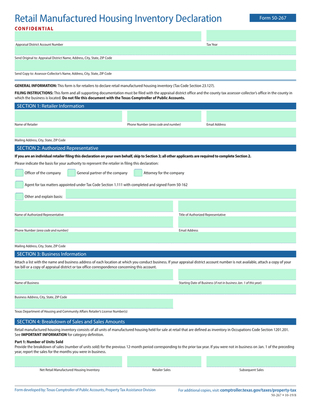 Form 50 267 Retail Manufactured Housing Inventory Declaration screenshot