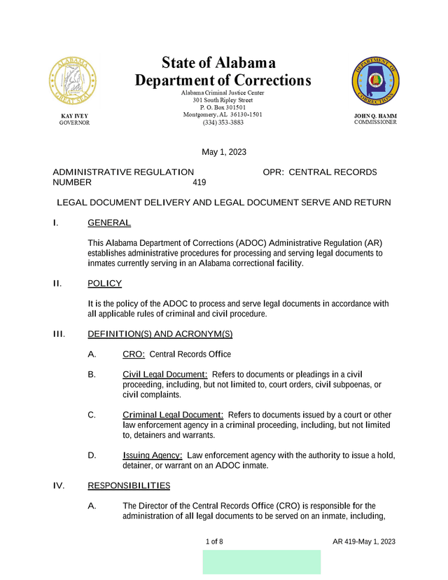 Administrative Regulation 419 Legal Document Delivery And Legal Document Serve And Return screenshot