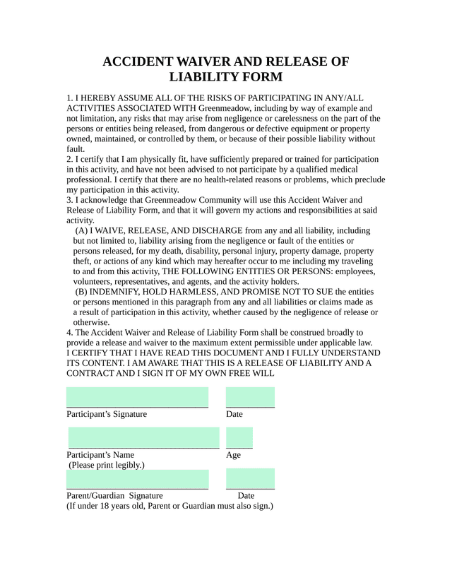 ACCIDENT WAIVER AND RELEASE OF LIABILITY FORM screenshot