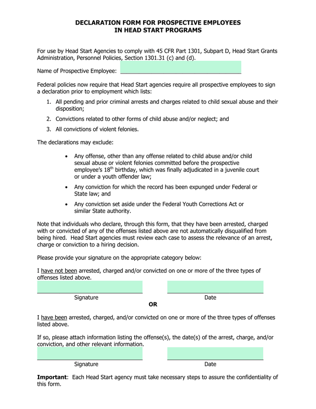 DECLARATION FORM FOR PROSPECTIVE EMPLOYEES IN HEAD START PROGRAMS screenshot