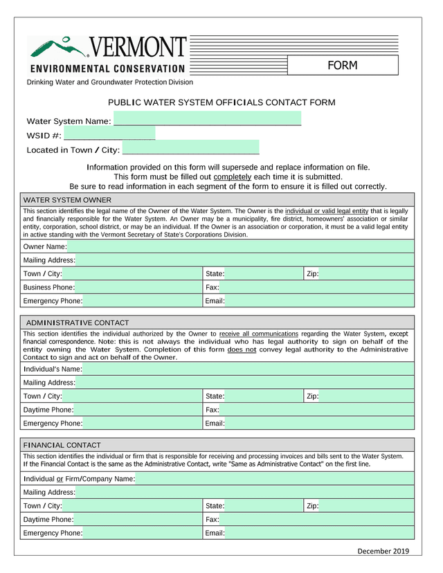 PUBLIC WATER SYSTEM OFFICIALS CONTACT FORM screenshot