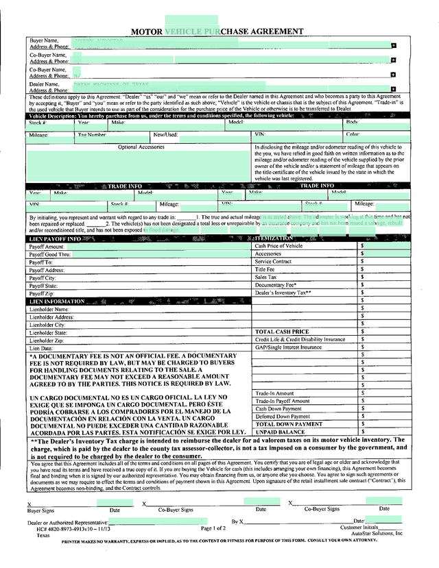 MOTOR VEHICLE PURCHASE AGREEMENT screenshot