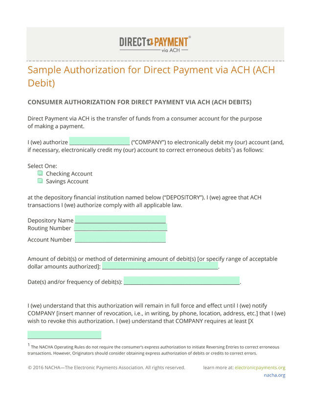 Sample Authorization For Direct Payment Via ACH (ACH Debit) screenshot