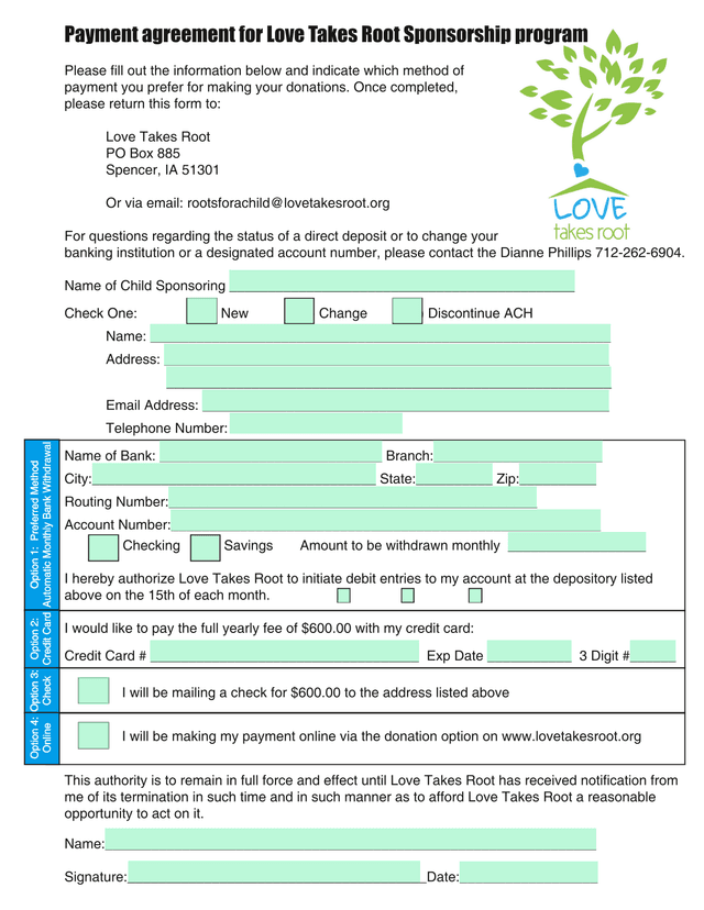 Payment Agreement For Love Takes Root Sponsorship Program screenshot