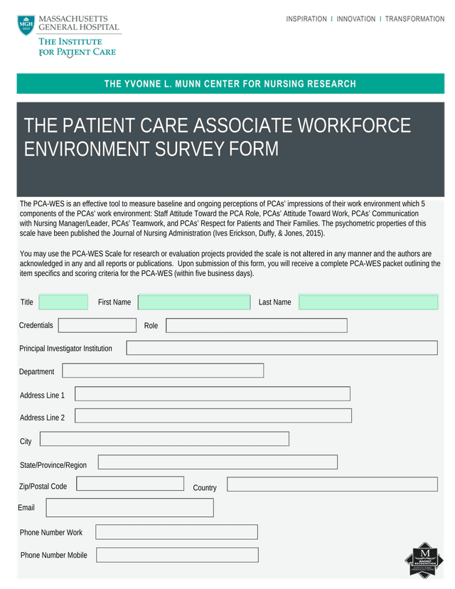 The Patient Care Associate Workforce Environment Survey Form (PCA WES) screenshot