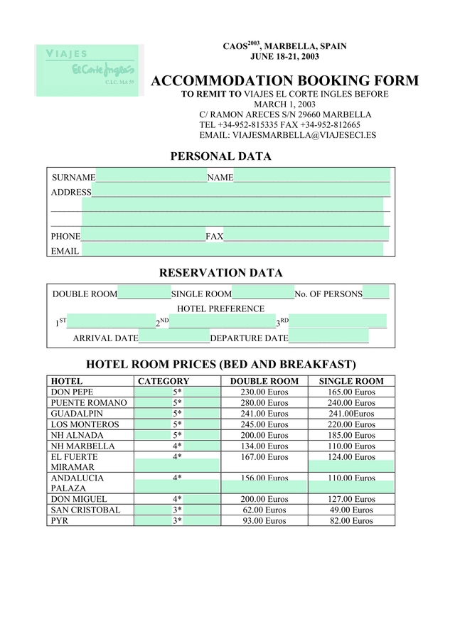 ACCOMMODATION BOOKING FORM screenshot