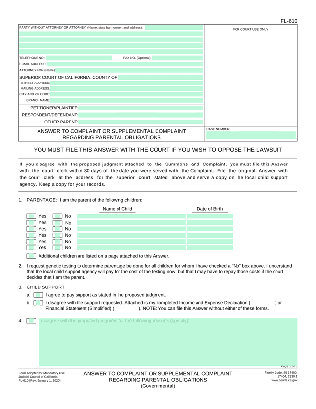 FL 610 Answer To Complaint Or Supplemental Complaint Regarding Parental Obligations screenshot