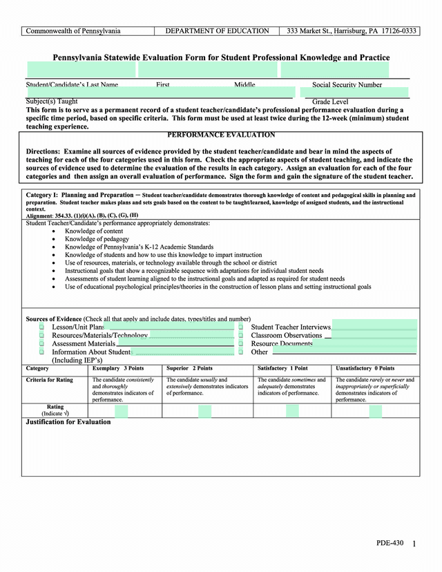 Pennsylvania Statewide Evaluation Form For Student Professional Knowledge And Practice screenshot