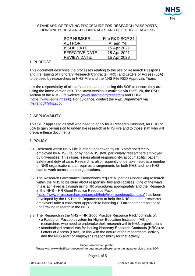 Standard Operating Procedure For Research Passports, Honorary Research Contracts And Letters Of Acce screenshot