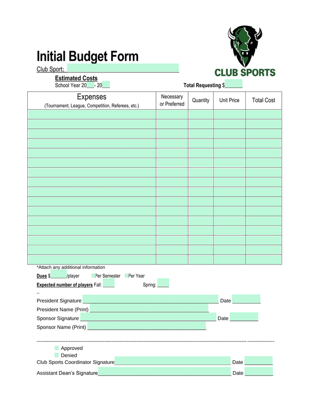 Initial Budget Form screenshot