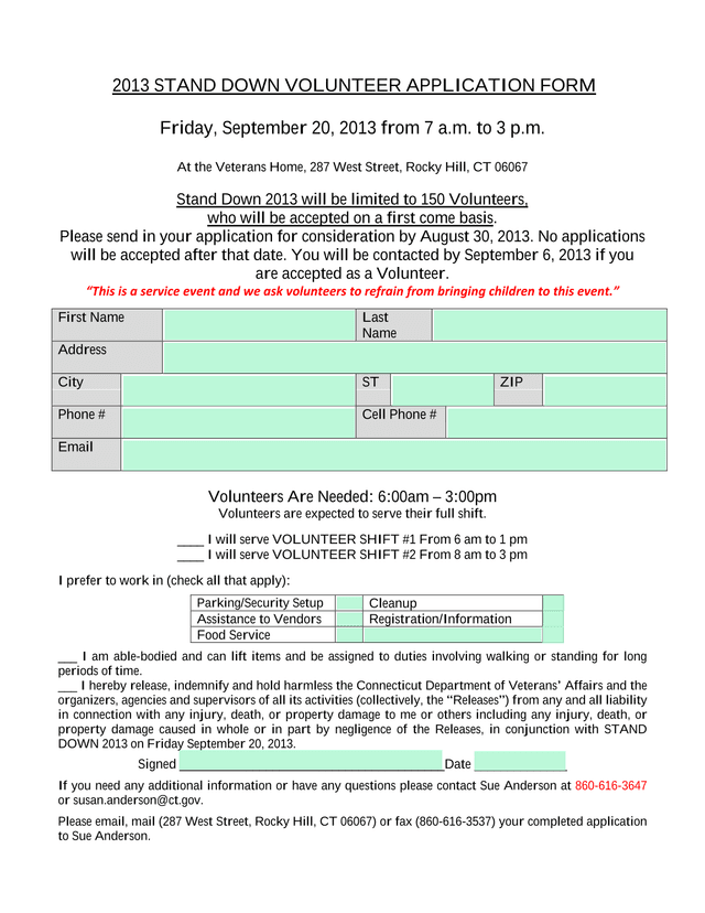 2013 STAND DOWN VOLUNTEER APPLICATION FORM screenshot
