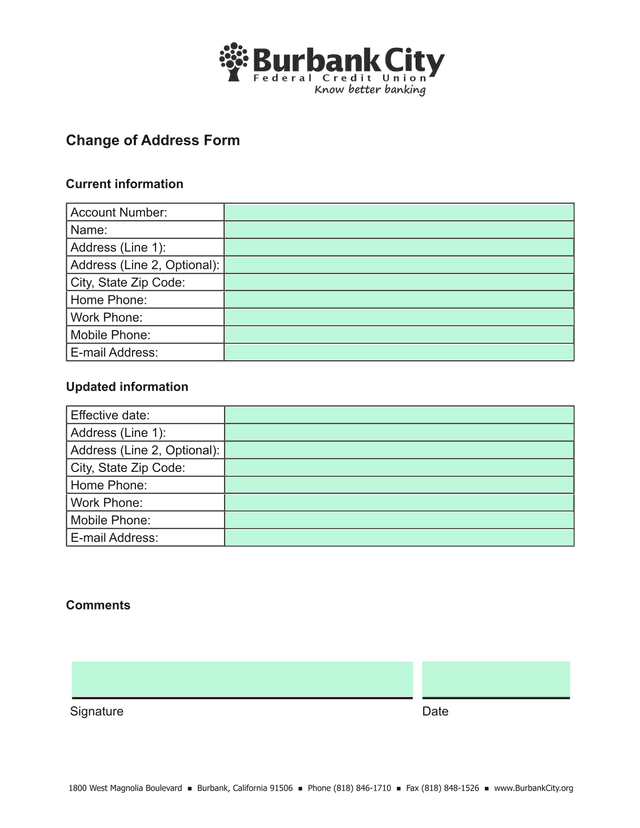 Change Of Address Form screenshot