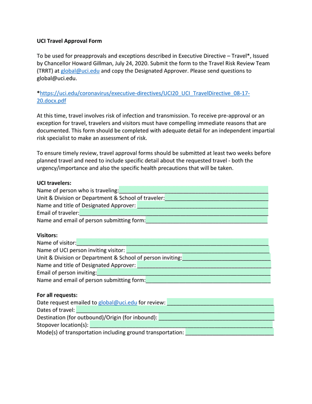 UCI Travel Approval Form screenshot
