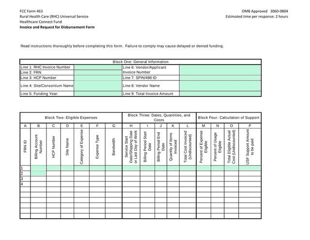 FCC Form 463 Rural Health Care (RHC) Universal Service Healthcare Connect Fund Invoice And Request F screenshot