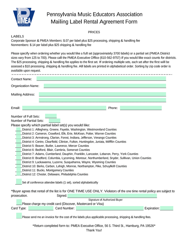 Pennsylvania Music Educators Association Mailing Label Rental Agreement Form screenshot
