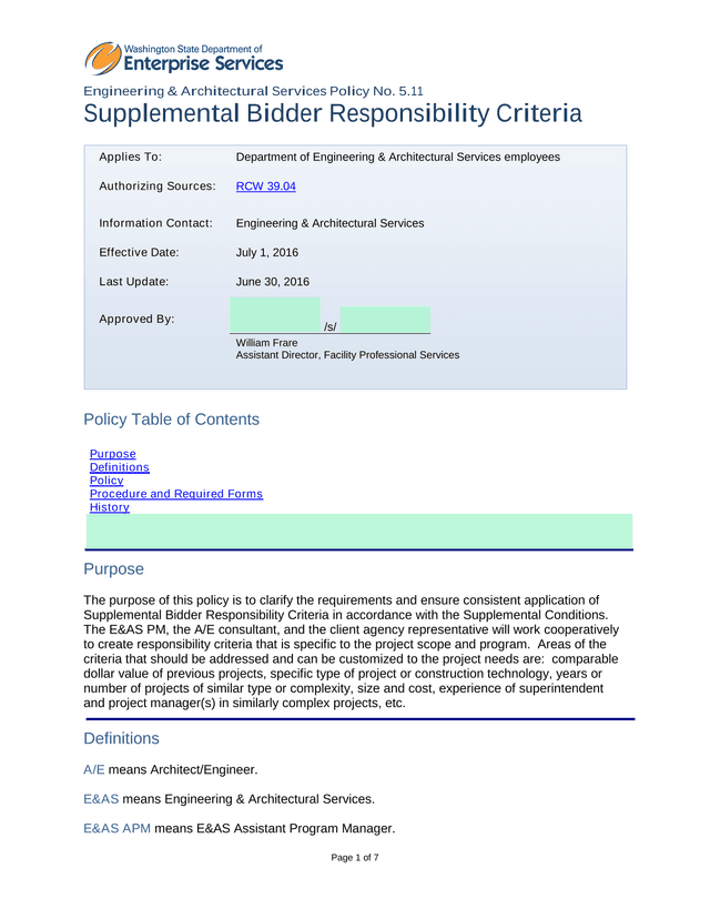 Engineering  Architectural Services Policy No. 5.11 Supplemental Bidder Responsibility Criteria screenshot