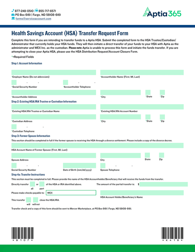 Health Savings Account (HSA) Transfer Request Form screenshot
