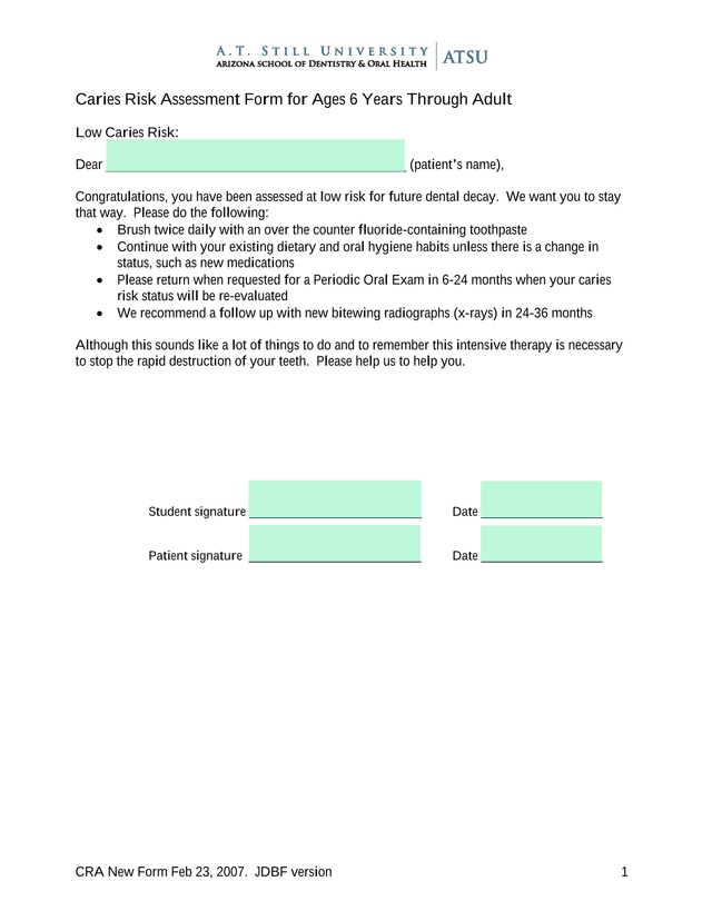 Caries Risk Assessment Form For Ages 6 Years Through Adult screenshot