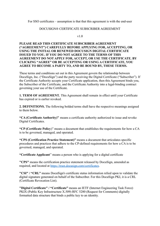 DocuSign Certificate Subscriber Agreement screenshot