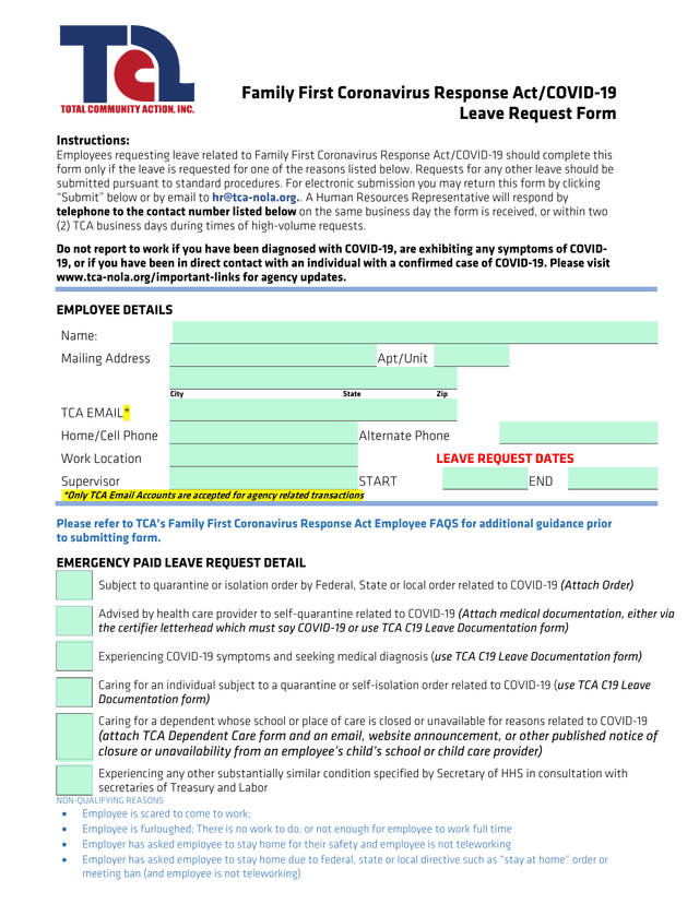 Family First Coronavirus Response ActCOVID 19 Leave Request Form screenshot