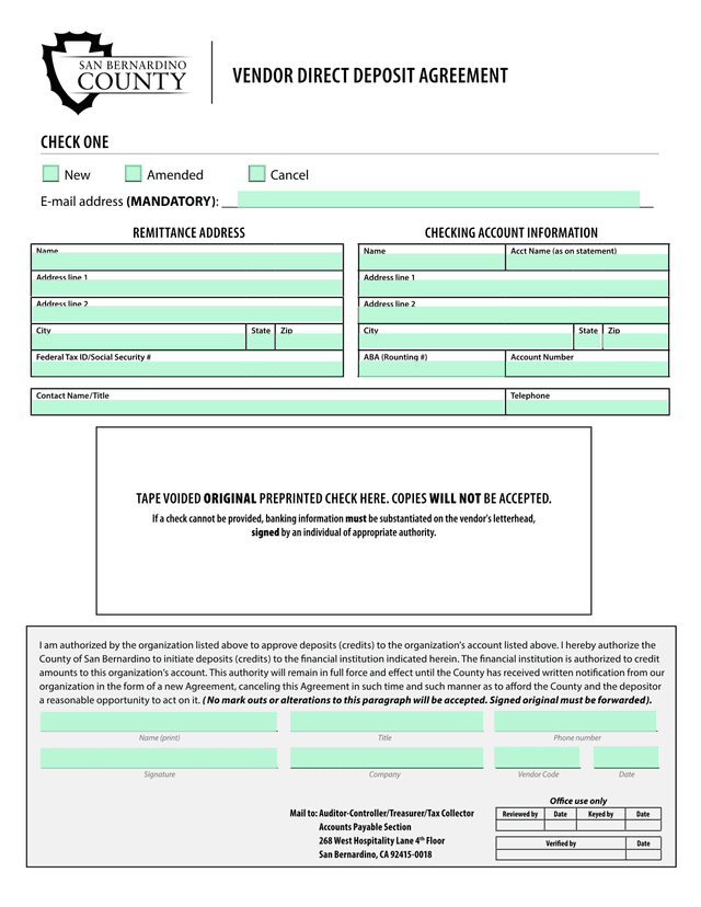 Vendor Direct Deposit Agreement screenshot