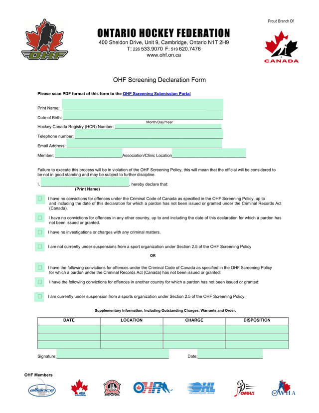 OHF Screening Declaration Form screenshot
