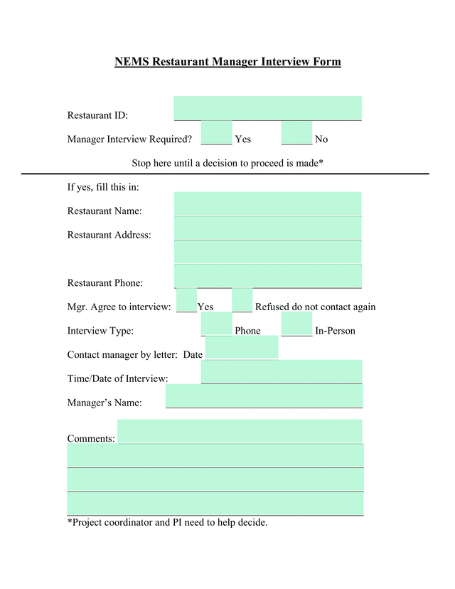 NEMS Restaurant Manager Interview Form screenshot