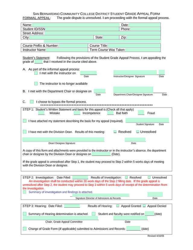 SAN BERNARDINO COMMUNITY COLLEGE DISTRICT STUDENT GRADE APPEAL FORM screenshot