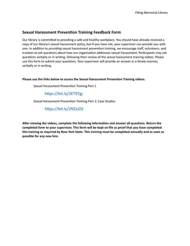 Sexual Harassment Prevention Training Feedback Form screenshot