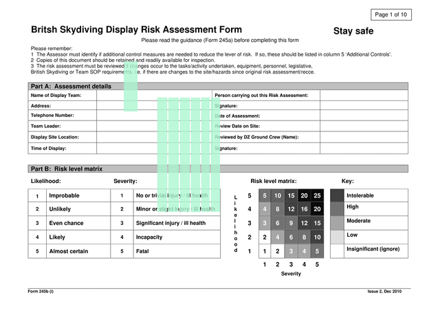 Form 245b (I) British Skydiving Display Risk Assessment Form screenshot
