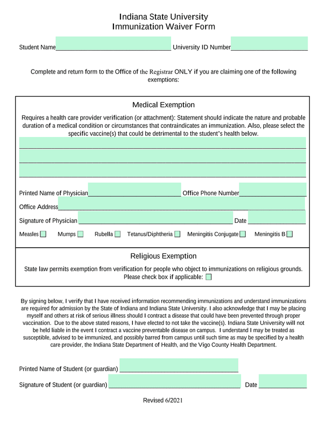 Indiana State University Immunization Waiver Form screenshot