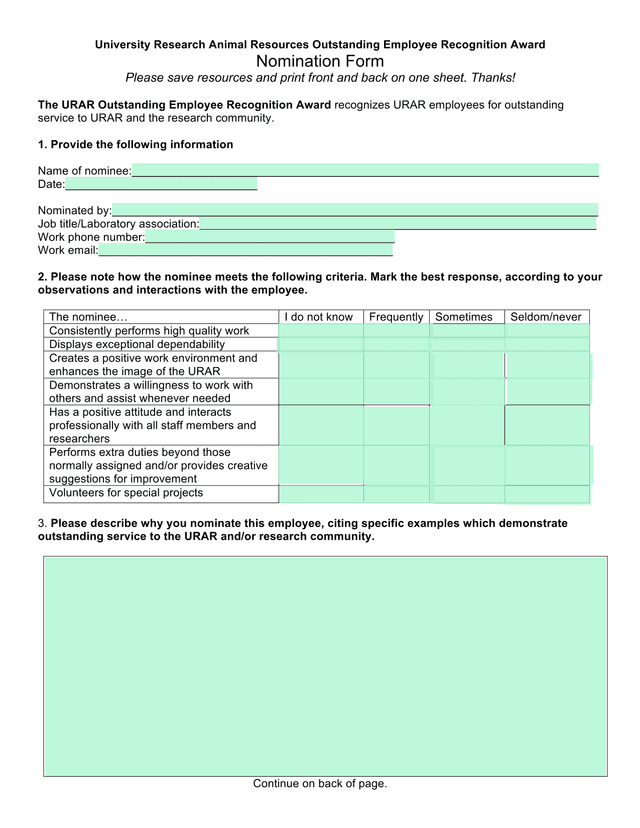 University Research Animal Resources Outstanding Employee Recognition Award Nomination Form screenshot