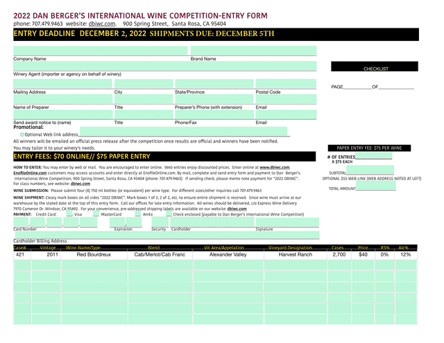 2022 Dan BergerS International Wine Competition Entry Form screenshot